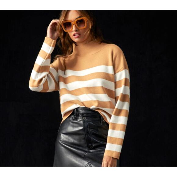 Anthropologie Maeve Carys Mock Neck Stripe Pullover Sweater L Neutral Minimalist - Picture 1 of 13
